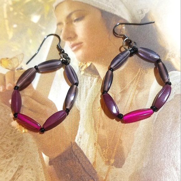 NEW Premier Designs Bohemian Purple and Grey Bead Hoop Earrings - Picture 5 of 5